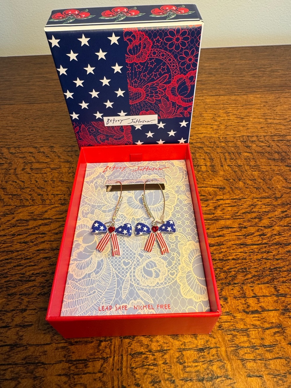 Betsey Johnson Americana Red, White & Blue Bow Dangle Earrings